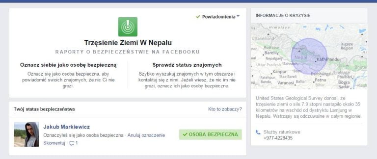 Znajomy oznaczony jako osoba bezpieczna podczas trzęsienia ziemi w Nepalu